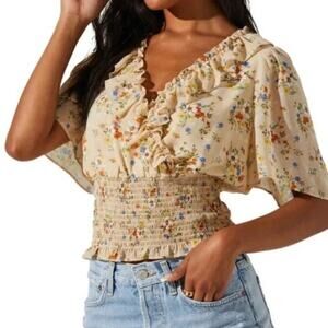 ASTR The Label size Medium Ruffle Deep V-Neck Smocked Stretch Waist Floral Top